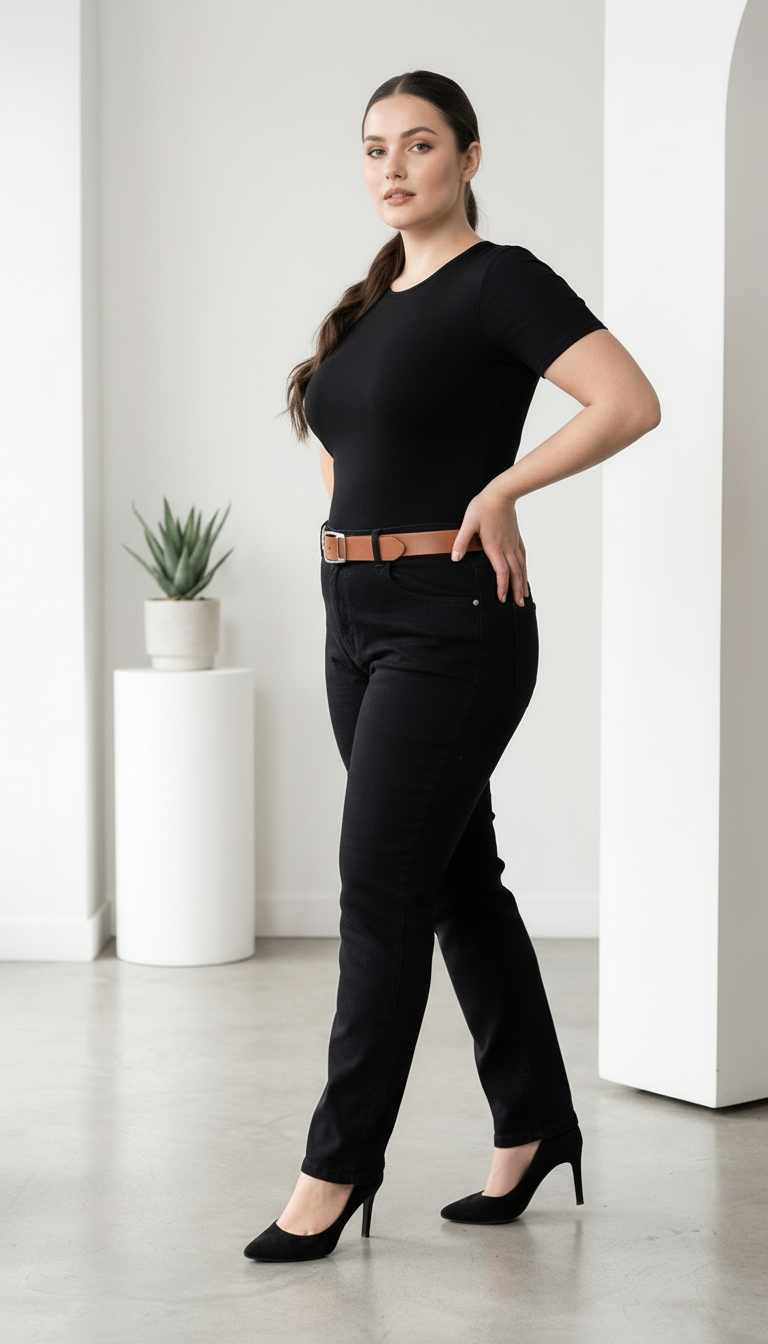 Елегантен модел дънки в черно PLUS SIZE с колан 