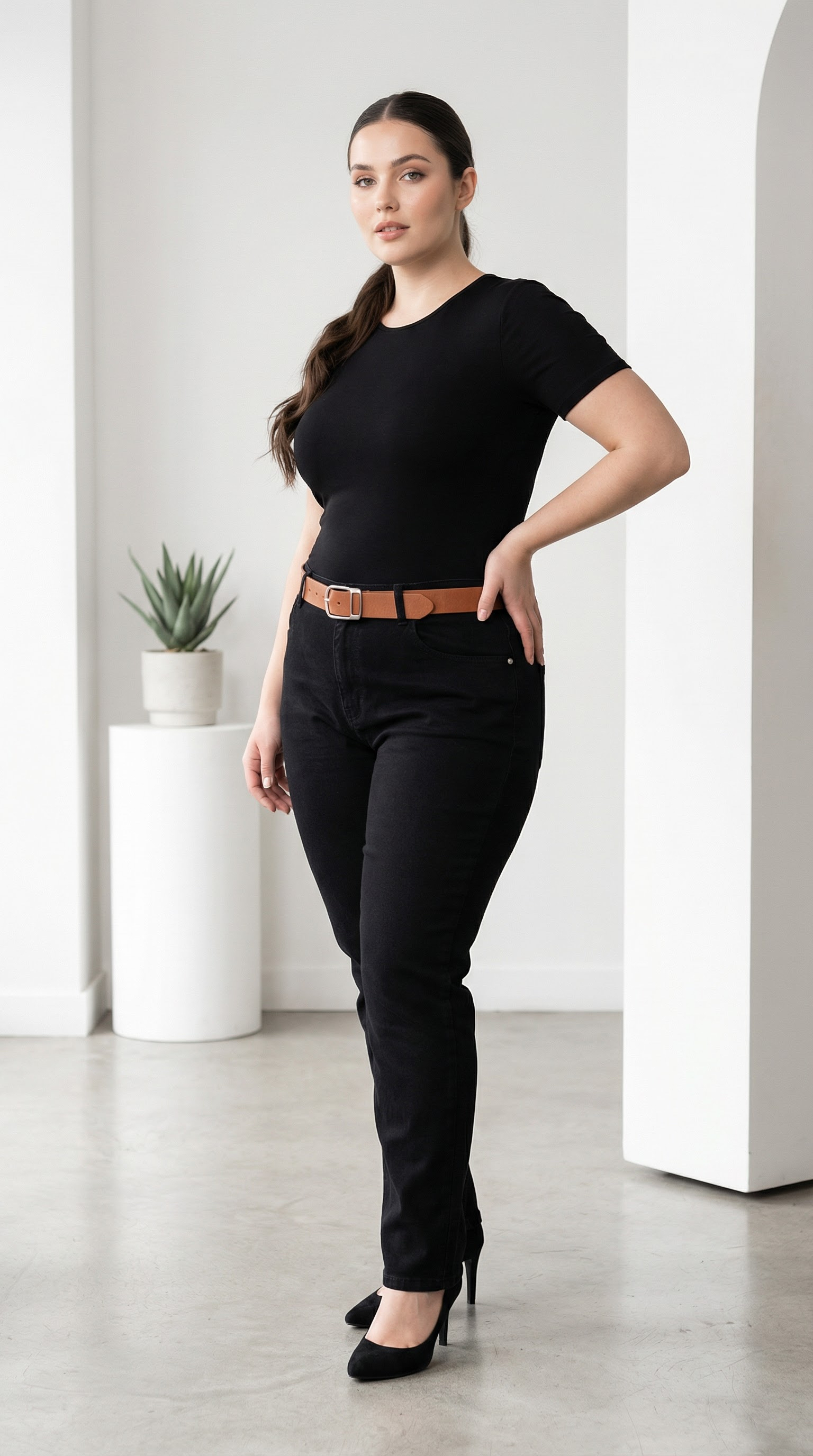 Елегантен модел дънки в черно PLUS SIZE с колан 