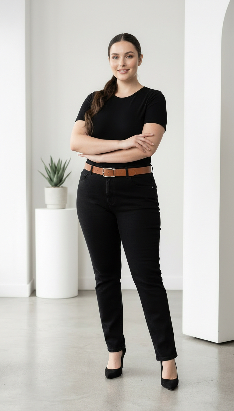 Елегантен модел дънки в черно PLUS SIZE с колан 