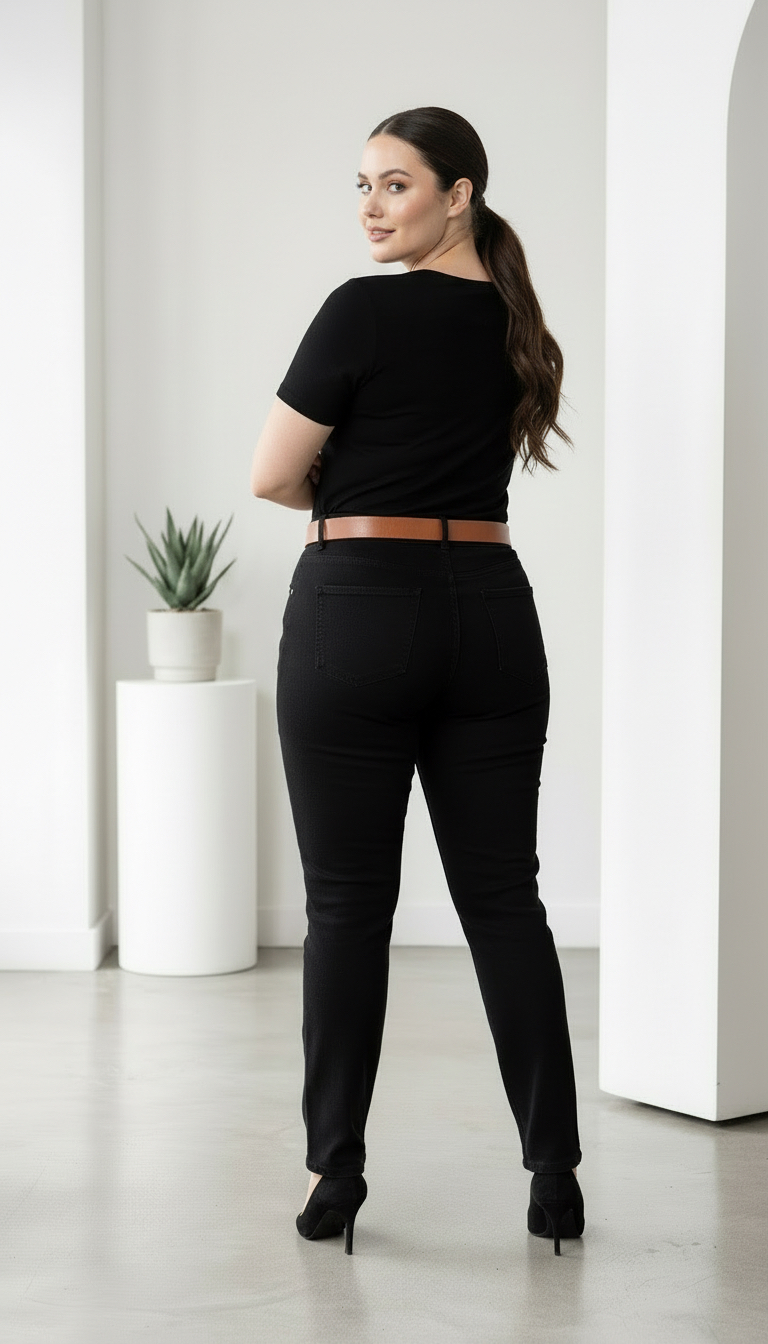 Елегантен модел дънки в черно PLUS SIZE с колан 