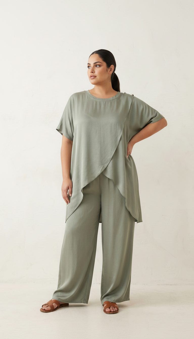 Сатениран комплект  с ефектна туника удължен гръб plus size