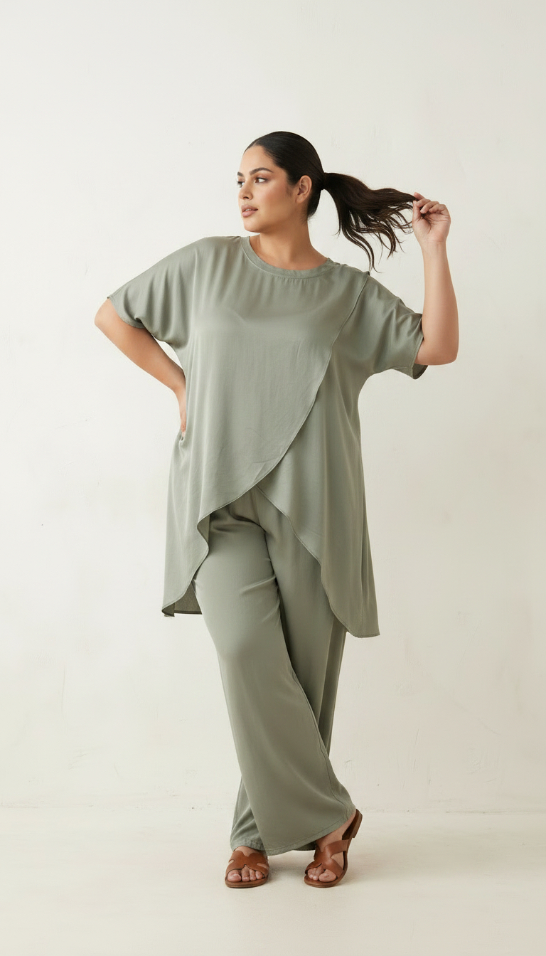 Сатениран комплект  с ефектна туника удължен гръб plus size