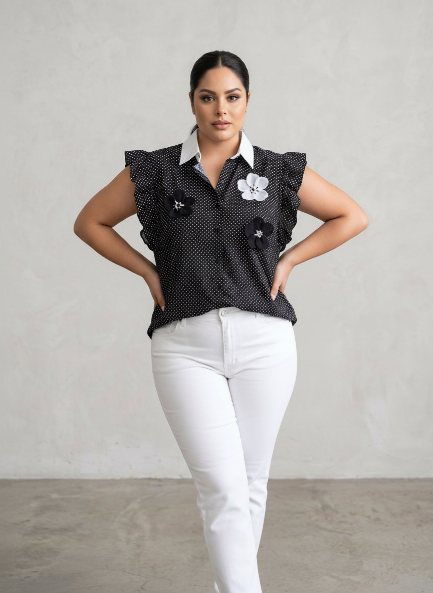 Черна риза с 3D цветя на точки PLUS SIZE модел 