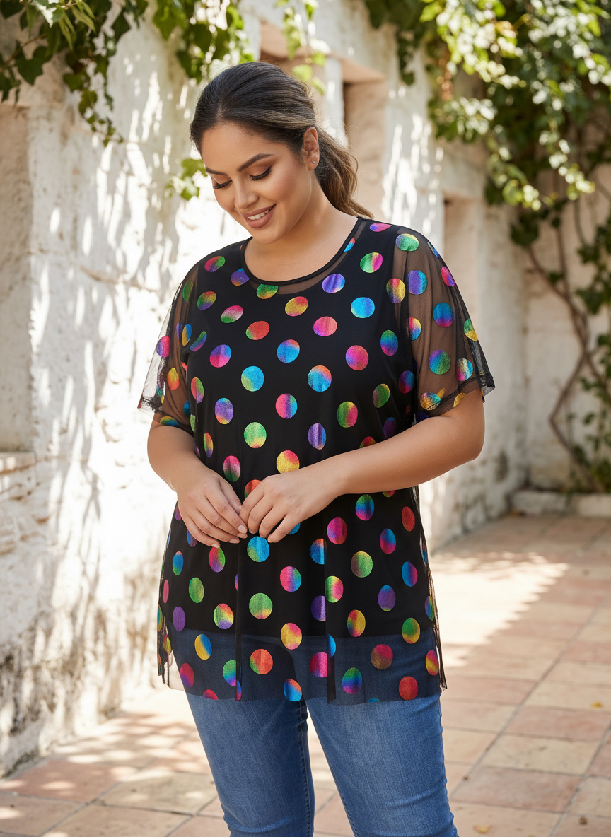 Макси туника с цветни точки и тюл – Plus Size