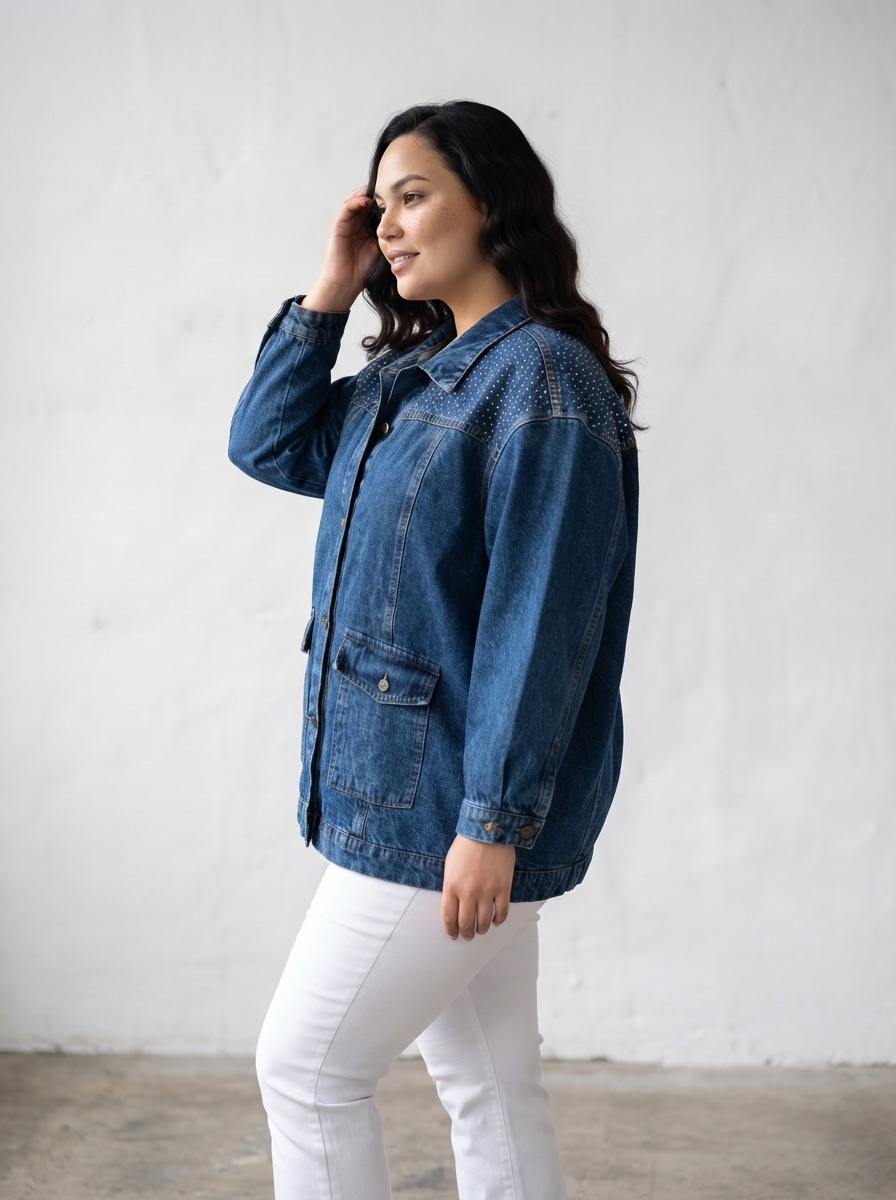 Дънково PLUS SIZE яке тъмен деним и блясък