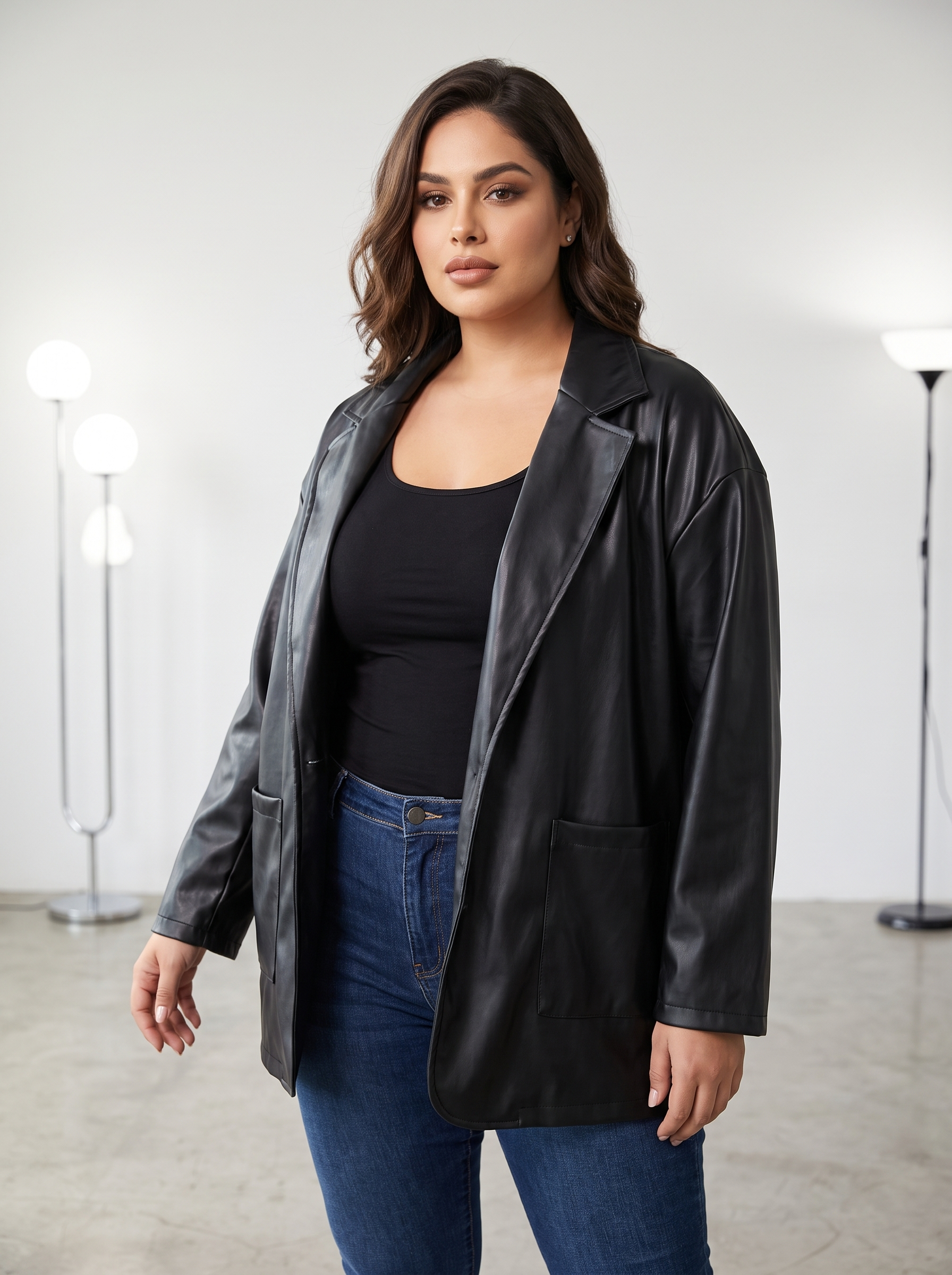 Кожено черно сако без закопчаване Plus Size