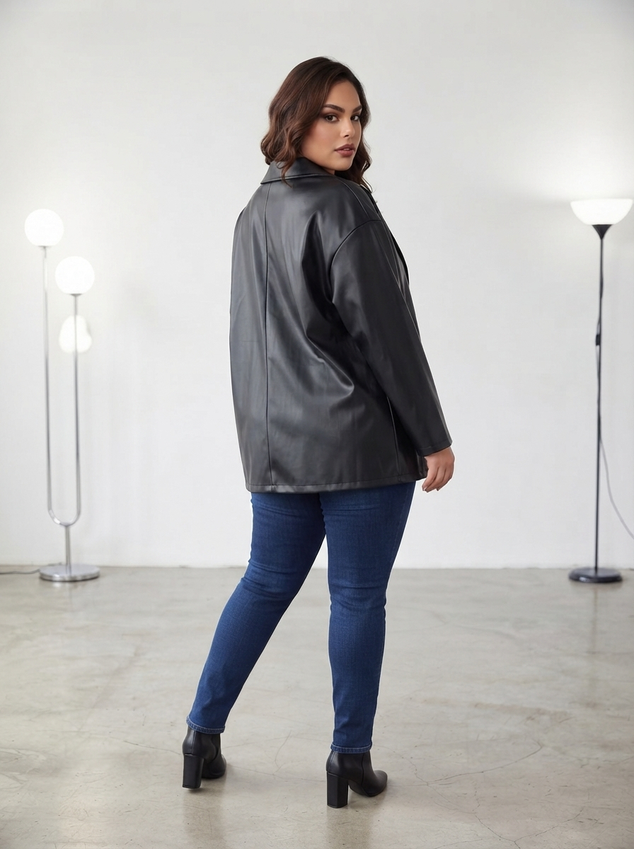 Кожено черно сако без закопчаване Plus Size