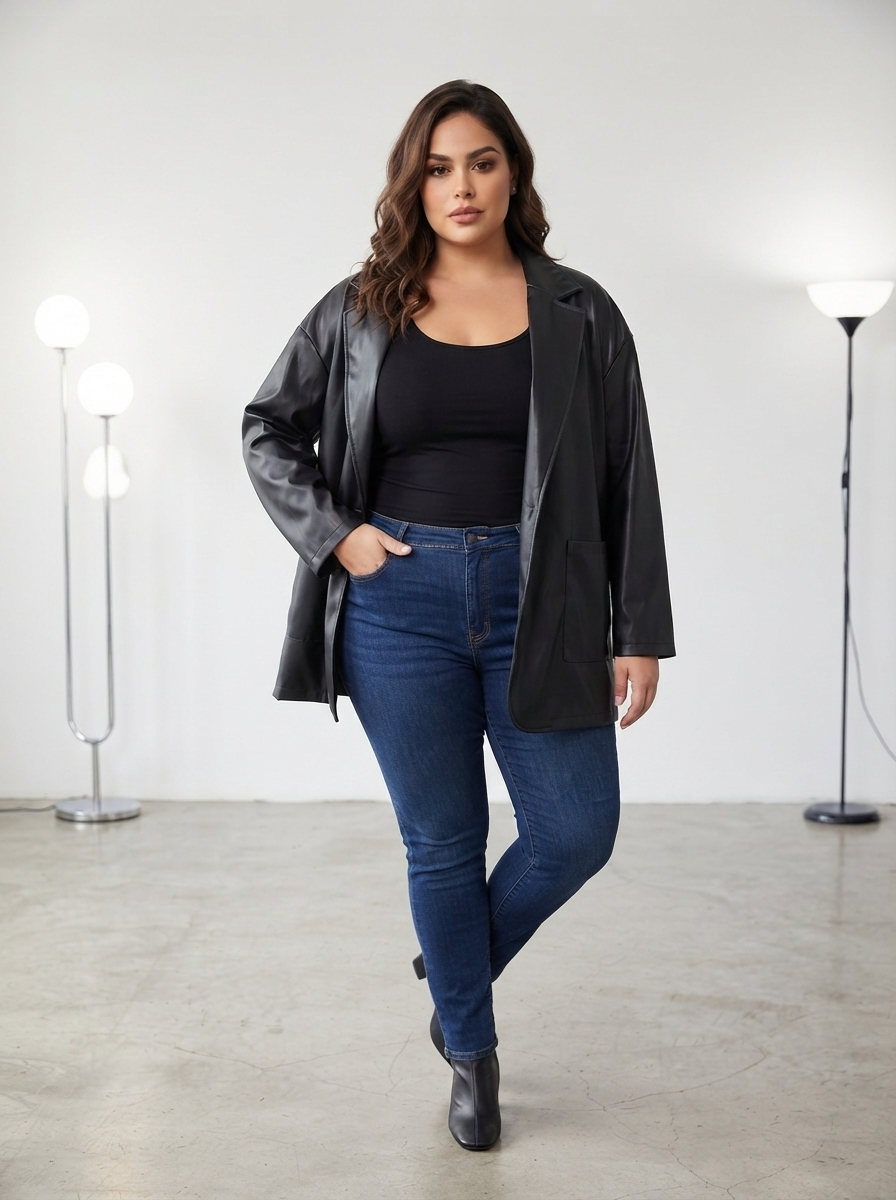 Кожено черно сако без закопчаване Plus Size