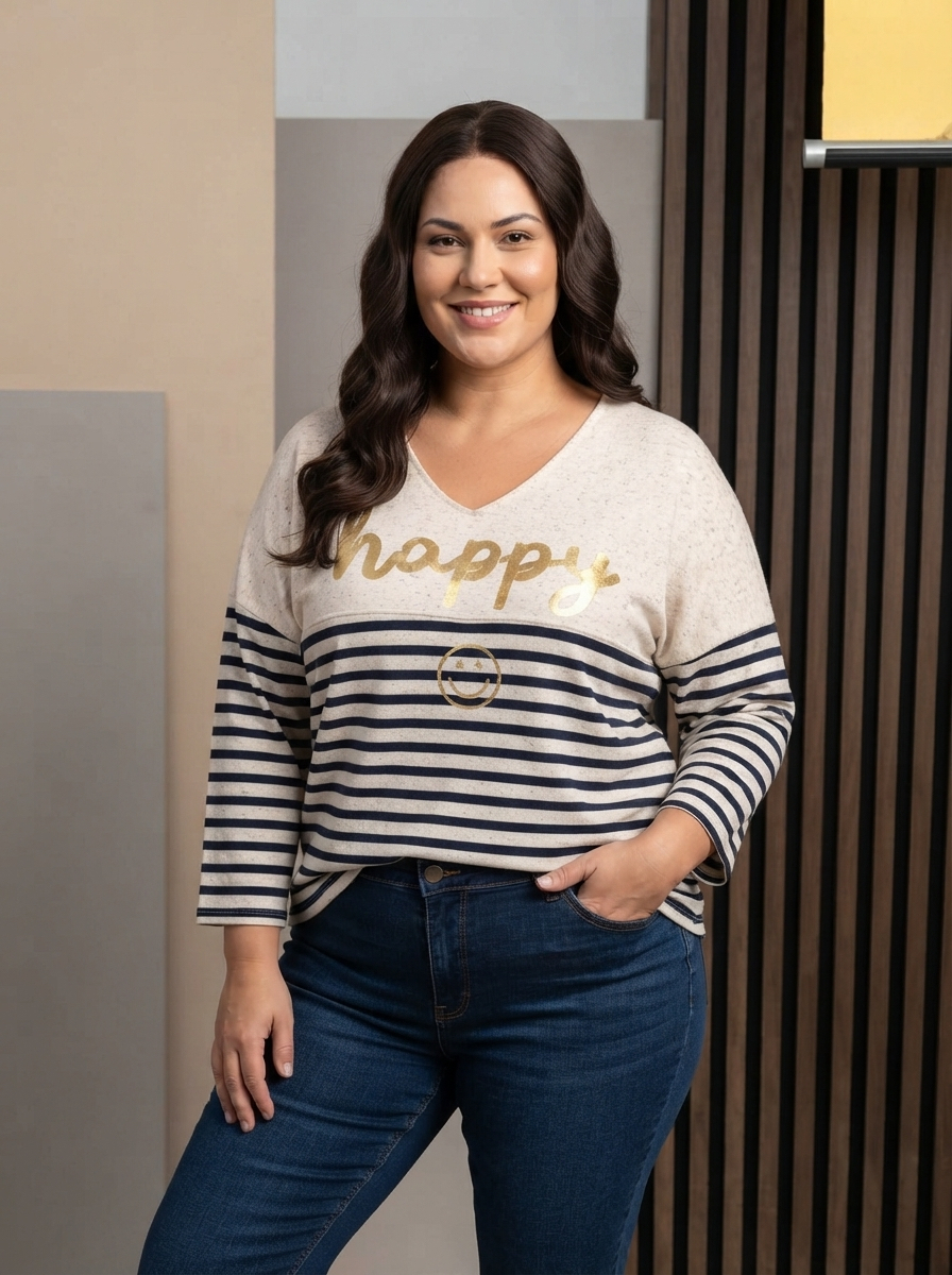 Дамска блуза цвят екрю с контрастно райе PLUS SIZE