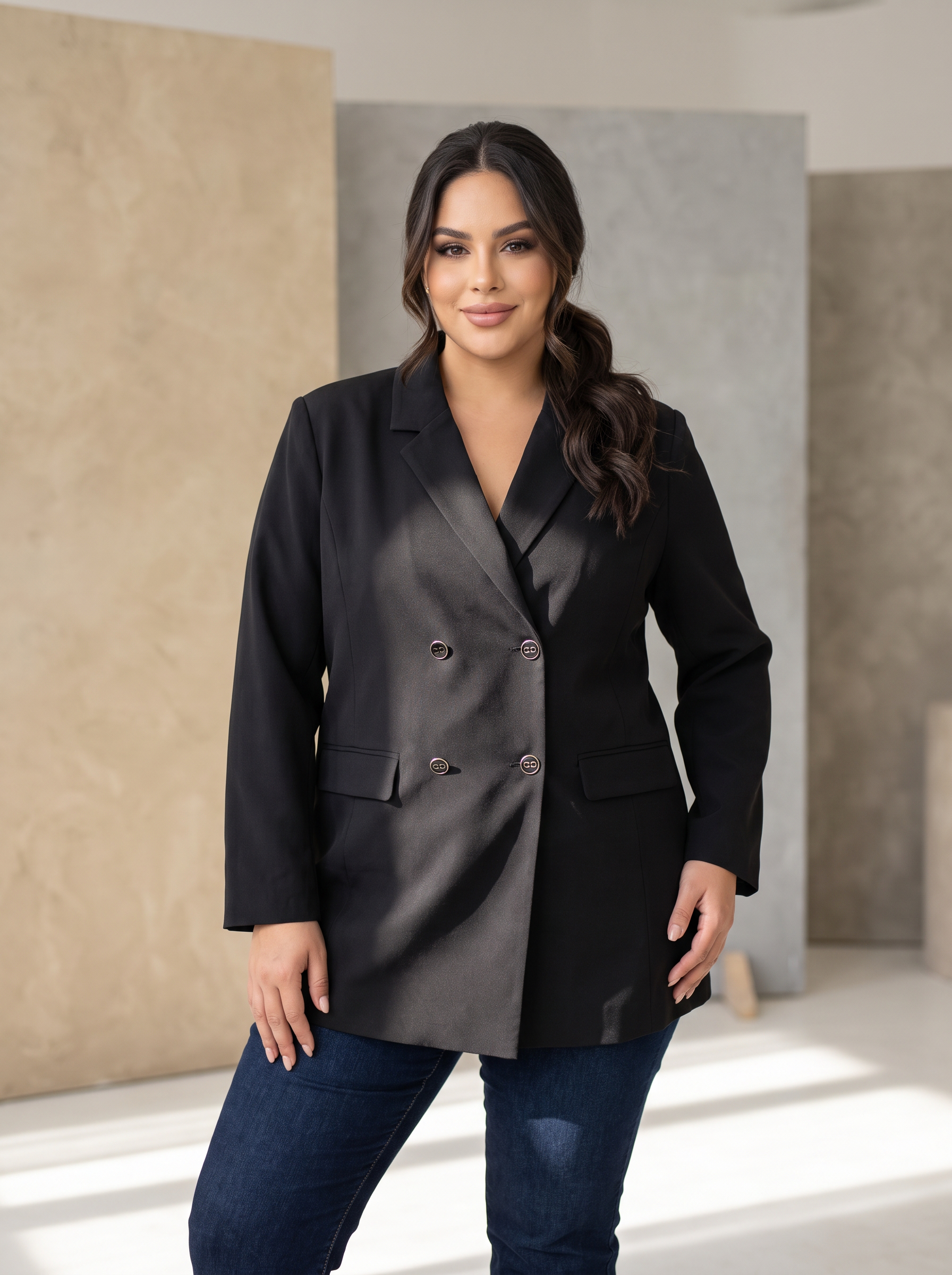 Бутиково дълго  сако в черно PLUS SIZE