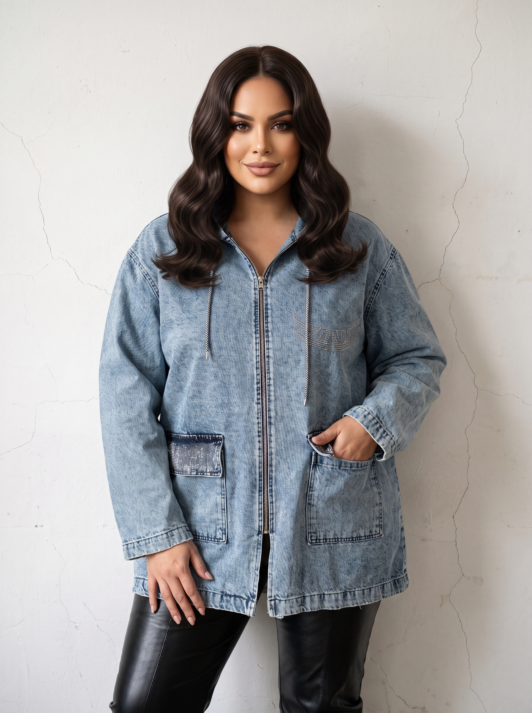 Светъл деним дънково яке PLUS SIZE модел с джобове 
