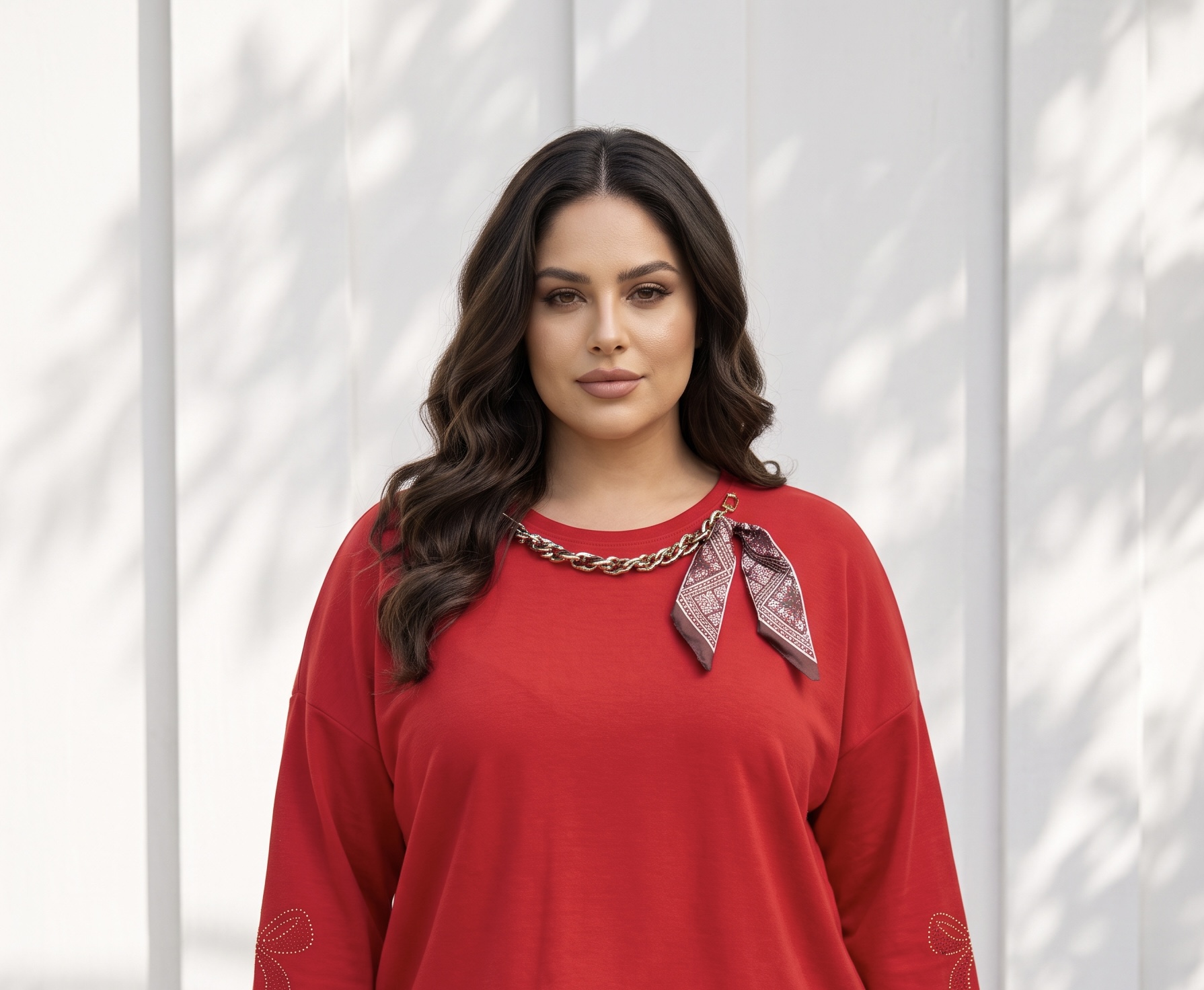 Стилна червена блуза в ефектно колие PLUS SIZE модел