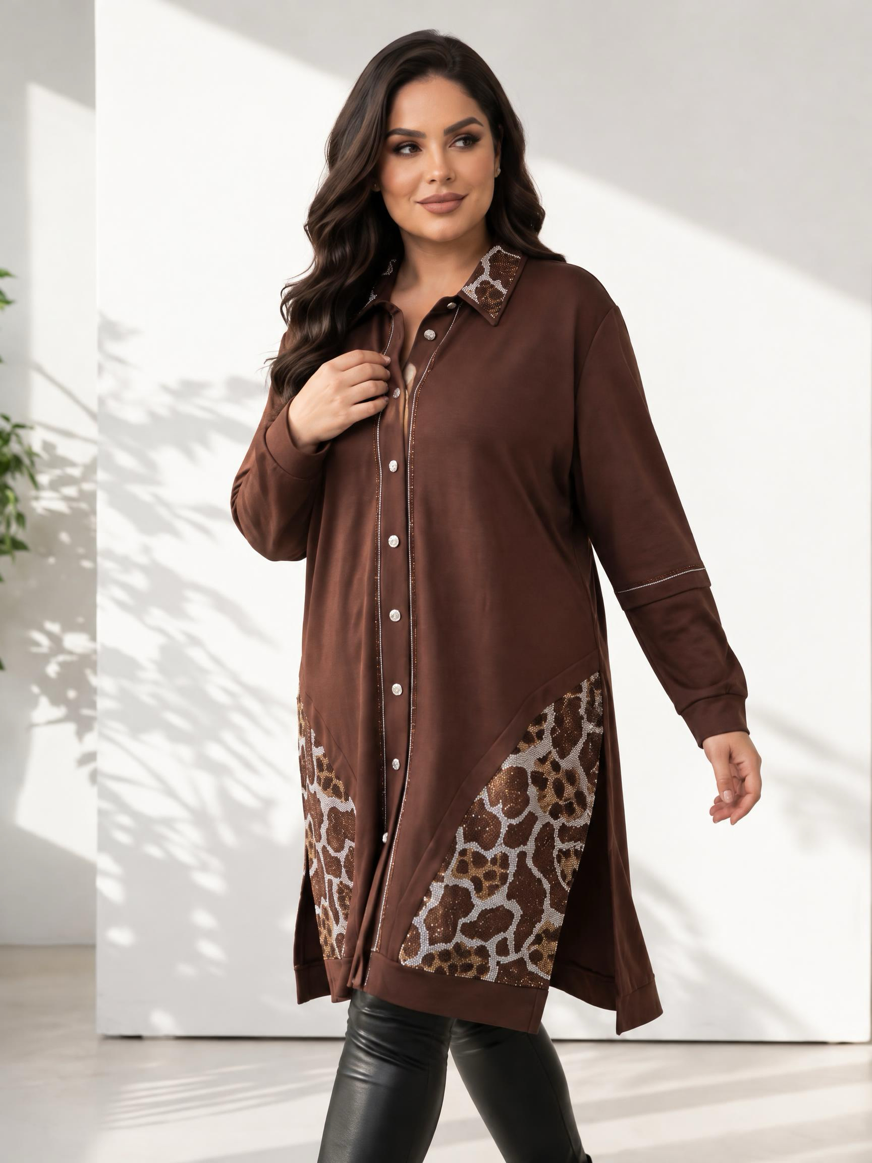Стилна кафява риза с красив блясък PLUS SIZE модел