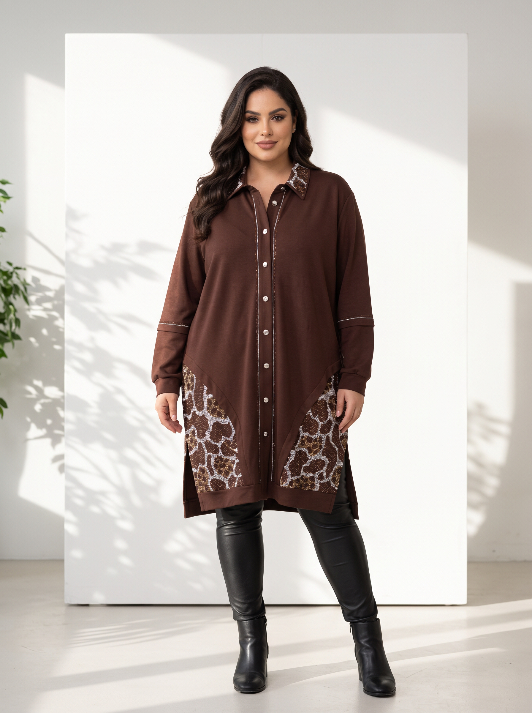 Стилна кафява риза с красив блясък PLUS SIZE модел