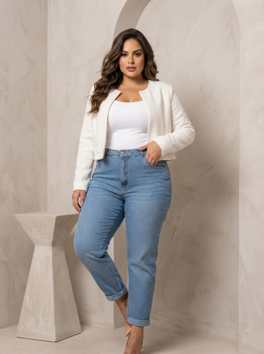 Светъл деним с камъчета модерна визия Plus size