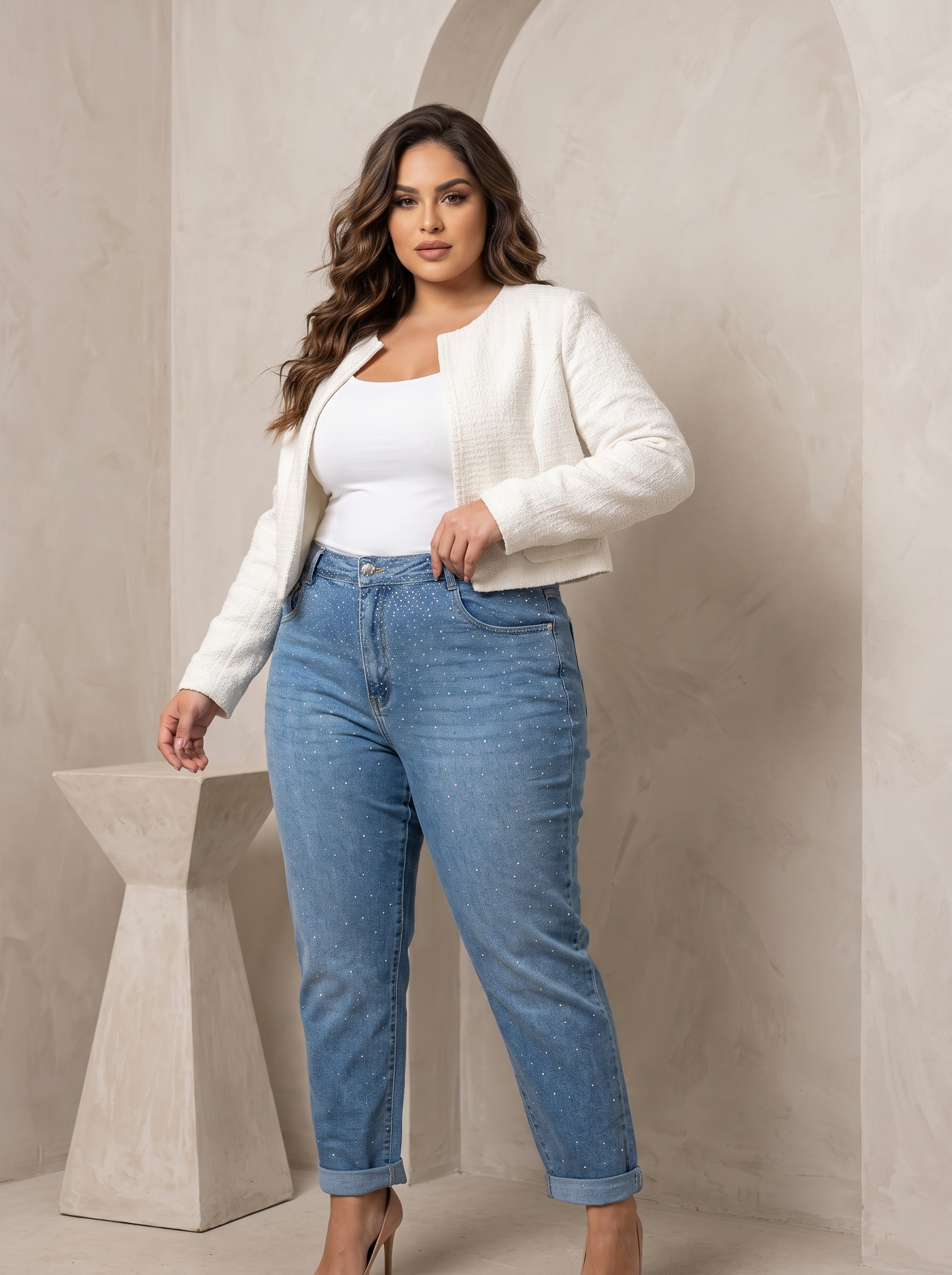 Светъл деним с камъчета модерна визия Plus size
