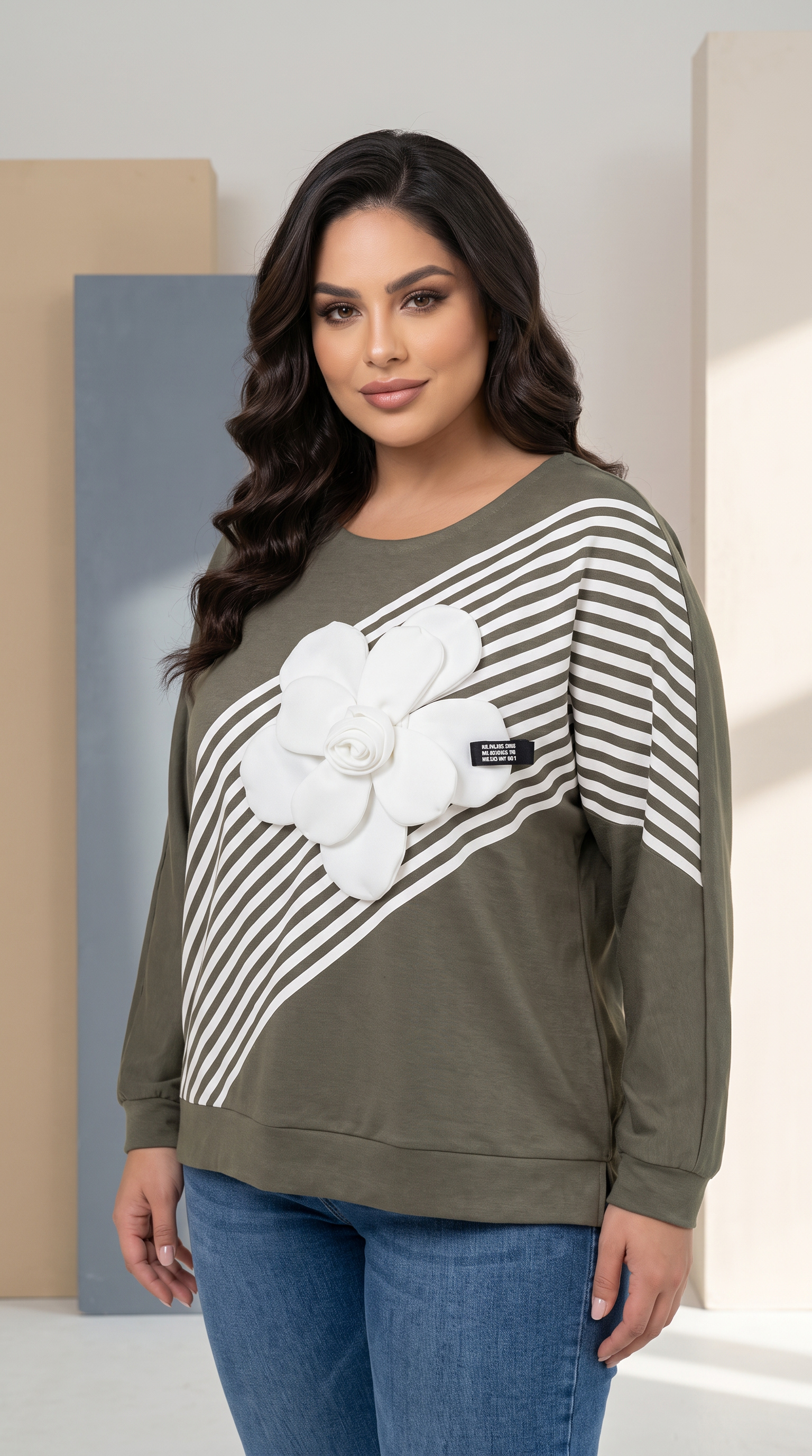 Фешън зелена блуза 3D цвете Plus size