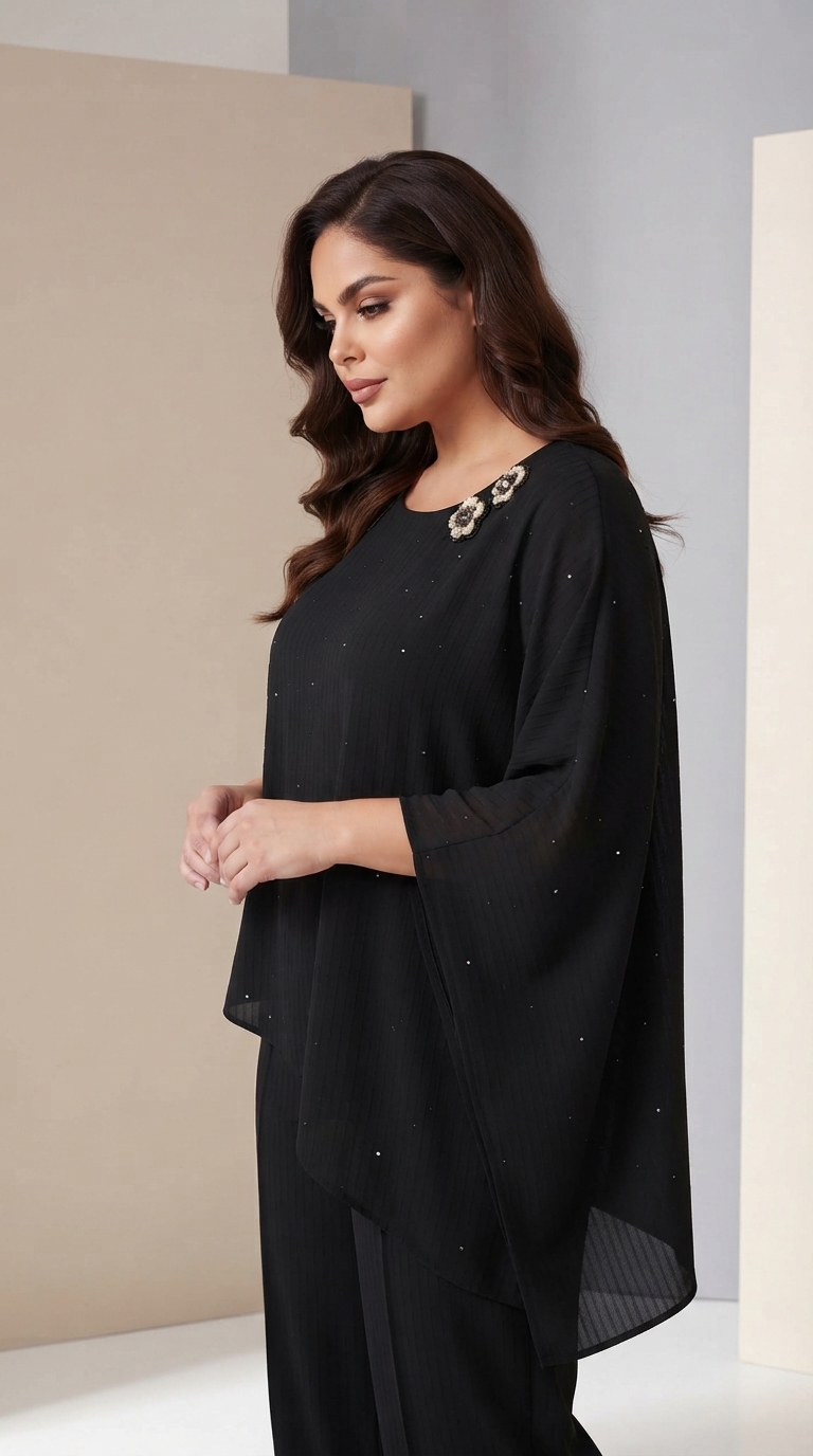 Дизайнерски черен комплект с асиметрична туника PLUS SIZE