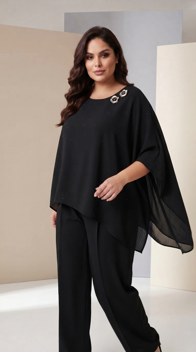 Дизайнерски черен комплект с асиметрична туника PLUS SIZE