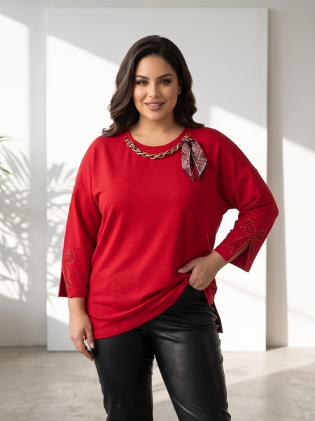 Стилна червена блуза в ефектно колие PLUS SIZE модел