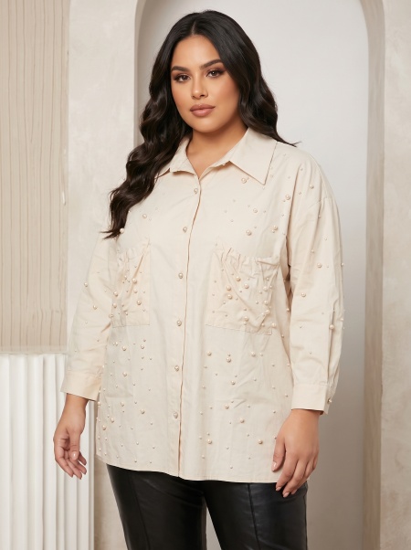 Бутикова риза с перли цвят праскова Plus size